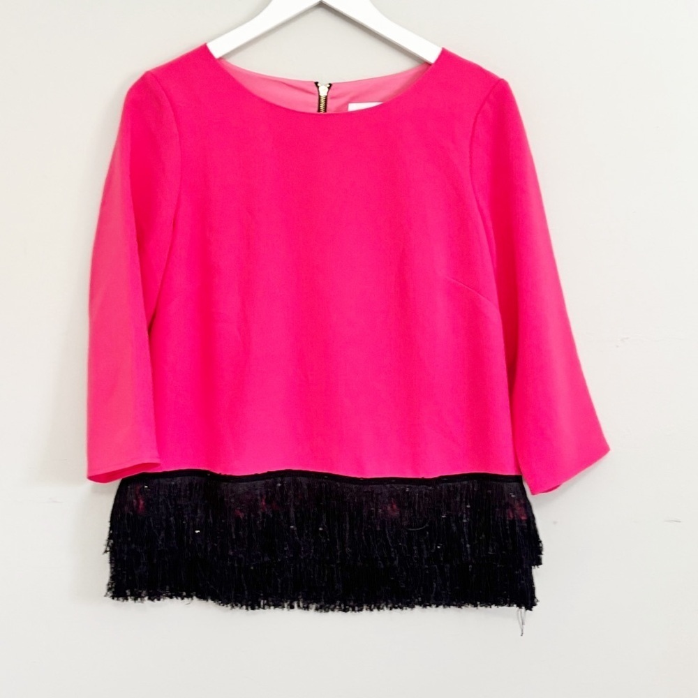 SAIL TO SABLE TUCKERNUCK Women’s Pink Black Sequin Fringe Blouse 3/4 Sleeve Sz M